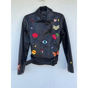 AQUA Black Leather Motorcycle Jacket Embroidered Patches Belted Women's
